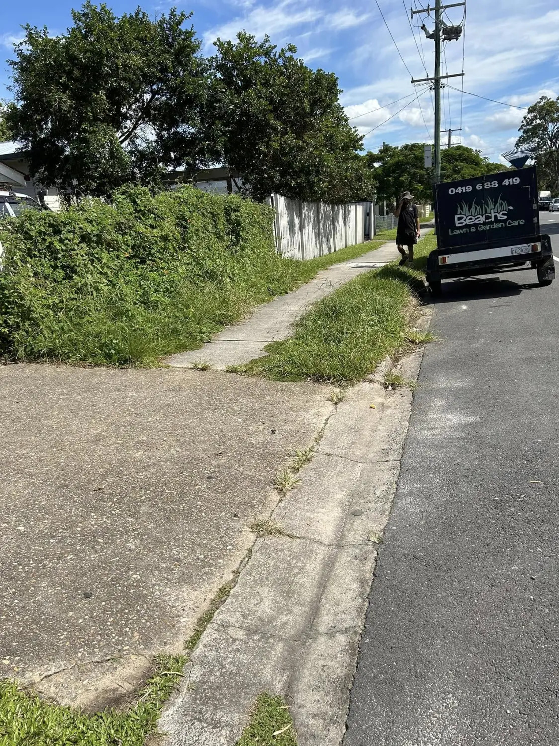 Overgrown footpath hedge before cleanup